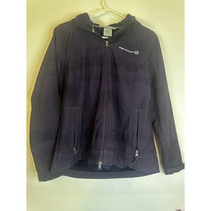 Free Country Women’s Hooded Jacket L Navy Blue Softshell Fleece Zip